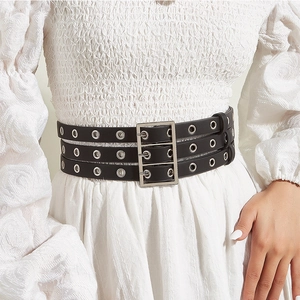 Ceinture Large en Similicuir à Oeillets à Triple Rangée Punk Rock Gothique pour Femmes Hommes Rivets Argentés Mode Jeans Taille