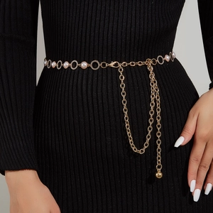 Elegant Metal Alloy Women Waist Chain With Imitation Artificial Pearl And Rhinestone Decoration Adjustable Tassel Belt For Dress Party Banquet Accessory