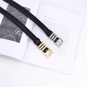 Detail of classic black leather belts with gold and silver alloy pin buckles on a magazine