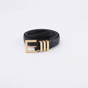 Minimalist black leather belt for women with gold square buckle and triple metal loops