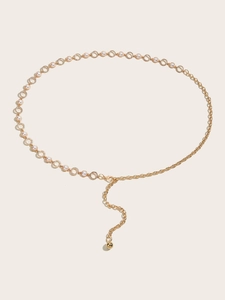 Elegant gold pearl waist chain belt with rhinestone rings and polished sphere pendant