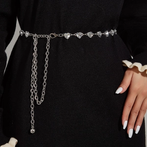 Damen Mode Silber Metall Herz Strass Taillenkette Gürtel Verstellbar Exquisite Kleid Accessoire Gliederkette Dünner Gürtel