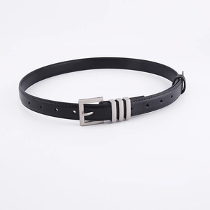 Detail view of black leather belt with silver metal pin buckle and triple loops