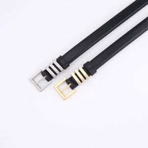 Women's slim black leather belts featuring minimalist square gold and silver metal buckles
