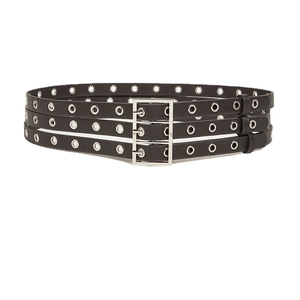 Ceinture punk en similicuir noir avec triple boucle carrée argentée et œillets en métal