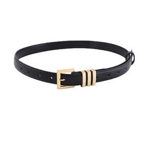 Classic black leather belt for women with rectangular gold buckle and metal loop accents