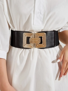 Women Wide Elastic Waist Seal Corset Belt With Geometric Gold Metal Interlocking Buckle For Dress Coat Office Lady Fashion Accessories