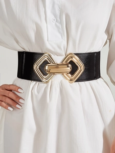 Women Wide Elastic Waist Belt With Gold Geometric Interlocking Diamond Buckle Fashion Western Corset Belt For Dresses Coats