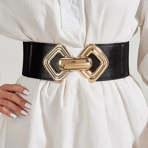 Women's wide elastic waist belt with luxury gold interlocking hollow diamond buckle