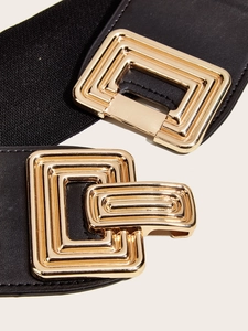 Women's wide elastic waist belt with geometric gold buckle for coats and dresses