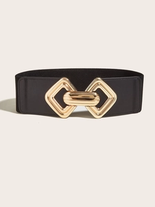 Women's wide elastic waist belt with vintage gold geometric double square buckle in black