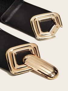 Fashionable black wide elastic waist belt for women with large interlocking gold square buckle