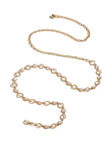Elegant gold metal waist chain with pearls and rhinestones on a white background