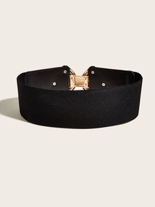 Minimalist wide black elastic waist belt with polished gold metal interlocking buckle