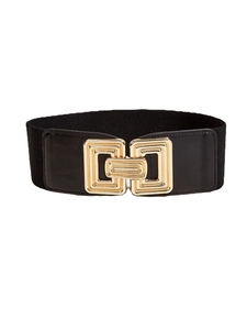 Women's wide black elastic belt with a vintage gold interlocking geometric metal buckle