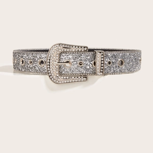 Ceinture en strass argentés scintillants avec paillettes et boucle sertie de cristaux