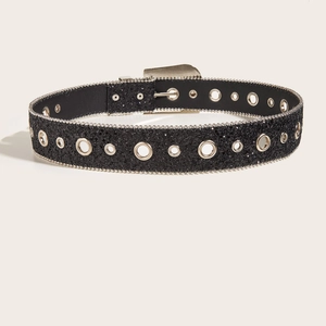 Ceinture noire pour femme avec paillettes brillantes et œillets en métal argenté