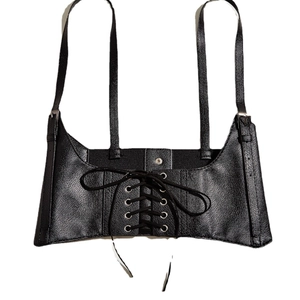 Gothic black PU leather waist corset with adjustable shoulder straps and lace-up front