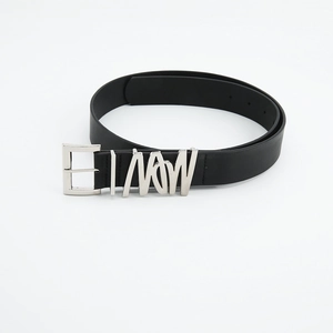Close-up of black leather belt with classic silver square buckle and I LOVE metal lettering