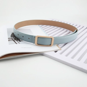 Light blue slim leather belt with rectangular gold metal buckle on white background