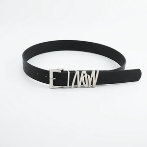Minimalist black leather belt with silver needle buckle and metal letter accents for women