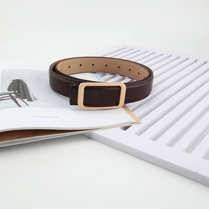 Detail shot of a dark brown leather belt with a gold rectangular buckle on magazines