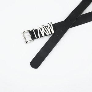 Classic black leather belt with unique silver artistic letter buckle for women's jeans