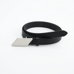 Minimalist Women Faux Leather Belt With Silver Geometric Alloy Buckle Black Solid Color Decorative Waist Strap For Jeans