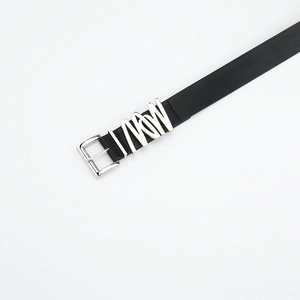 Classic black leather belt for women featuring a silver metal buckle and MOW metallic detail