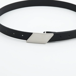 Minimalist black leather belt for women with elegant silver parallelogram metal buckle