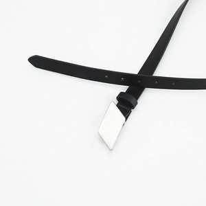 Women's minimalist black leather belt with silver geometric diamond buckle for jeans