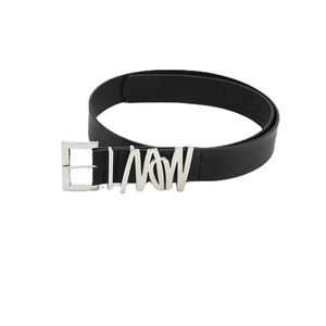 Classic black leather belt with modern silver MMW hollow metal buckle for women's jeans