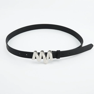Minimalist black leather belt for jeans with a wavy silver M-shaped metal buckle