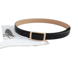 Minimalist black leather belt for women featuring a sleek golden rectangular buckle