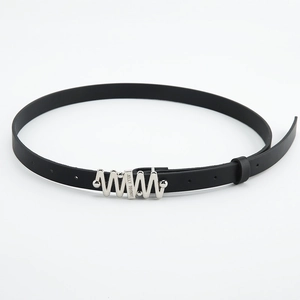 Classic black narrow leather belt for women with elegant silver wavy metal buckle