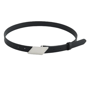 Minimalist black leather belt for women with modern silver geometric buckle for jeans