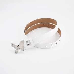 White leather women belt with silver geometric buckle for jeans and casual outfits