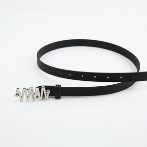 Minimalist black leather belt for women with unique silver wavy buckle design