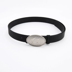 Minimalist black leather belt for jeans with oval silver metal buckle and engraved logo