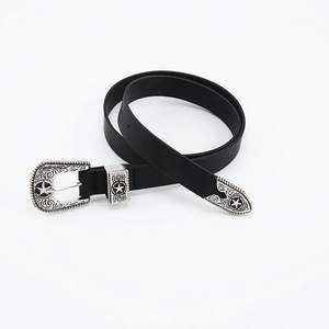 Women Western Retro Star Engraved Thin Belt Vintage Faux Leather Waist Belt With Alloy Carved Buckle Fashion Waistband