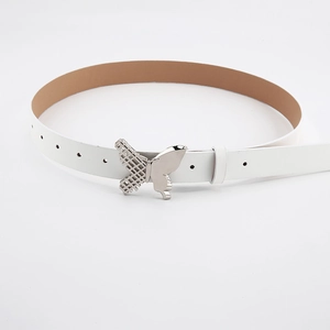 Detail of white leather belt with silver butterfly buckle featuring mesh and mirror finish