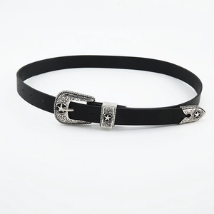 Vintage western black skinny leather belt with engraved star pattern metal buckle
