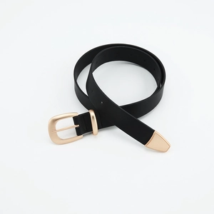 Women Retro Minimalist Faux Leather Belt Gold Pin Buckle Casual Black Skinny Waist Belt For Jeans Dresses Accessory