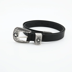 Vintage western style black leather belt for women with star engraved silver buckle