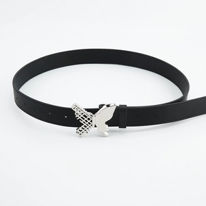 Minimalist black leather belt for women featuring a silver butterfly buckle with hollow design