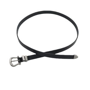 Minimalist black thin leather belt for women with vintage silver pin buckle and metal end tip