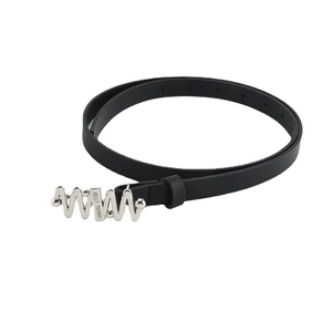 Minimalist black leather skinny belt for women with silver wave buckle and smooth finish