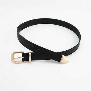 Classic black skinny leather belt for women with elegant matte gold pin buckle