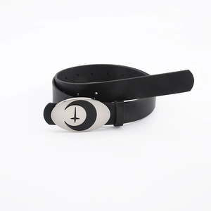 Minimalist black leather belt for women with gothic crescent moon and star metal buckle
