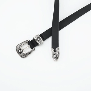 Western style black leather belt for women with silver floral star carved buckle
